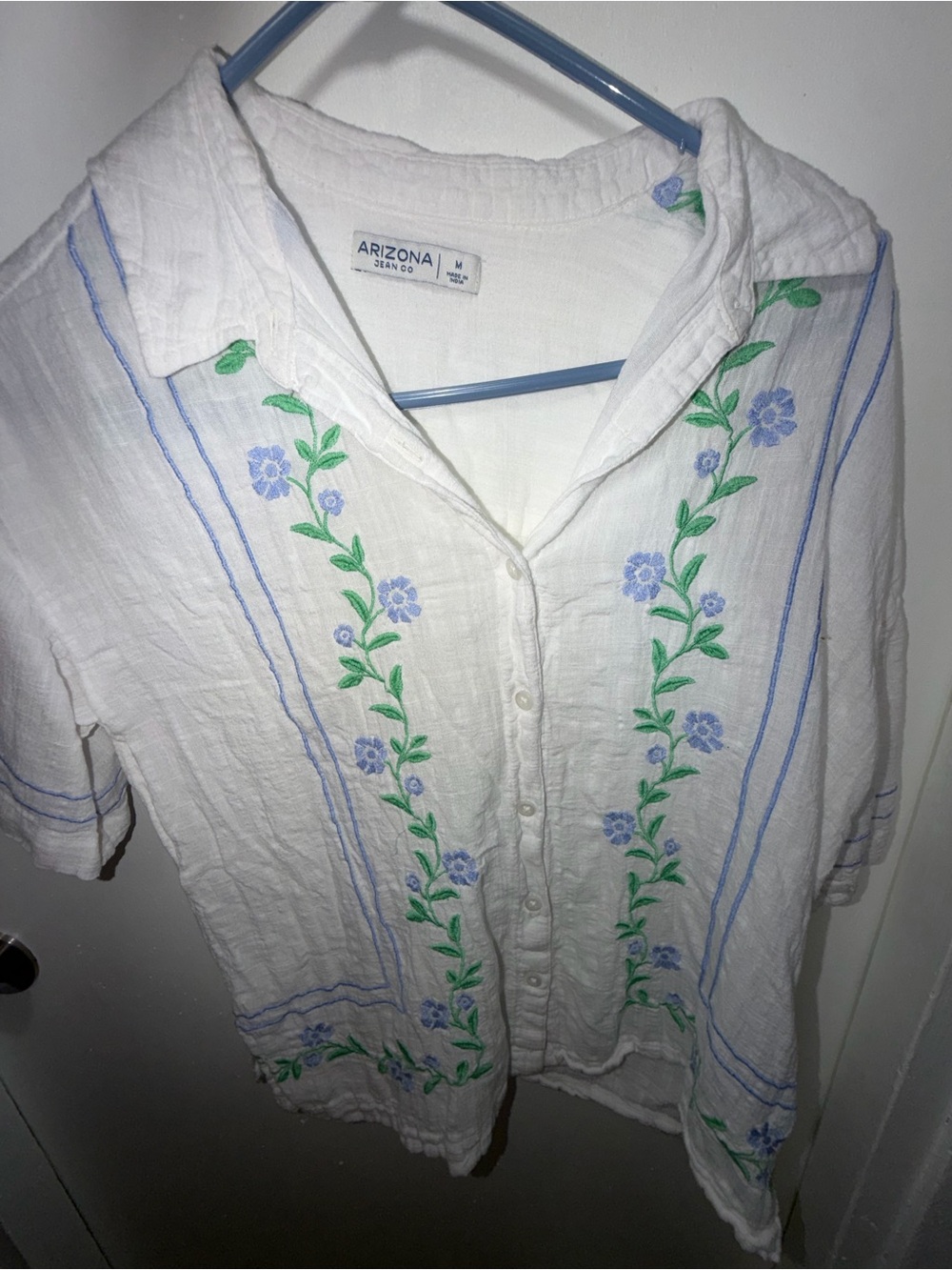 Arizona Lightweight White Button-Up Top with Blue Floral Embroidery + Short